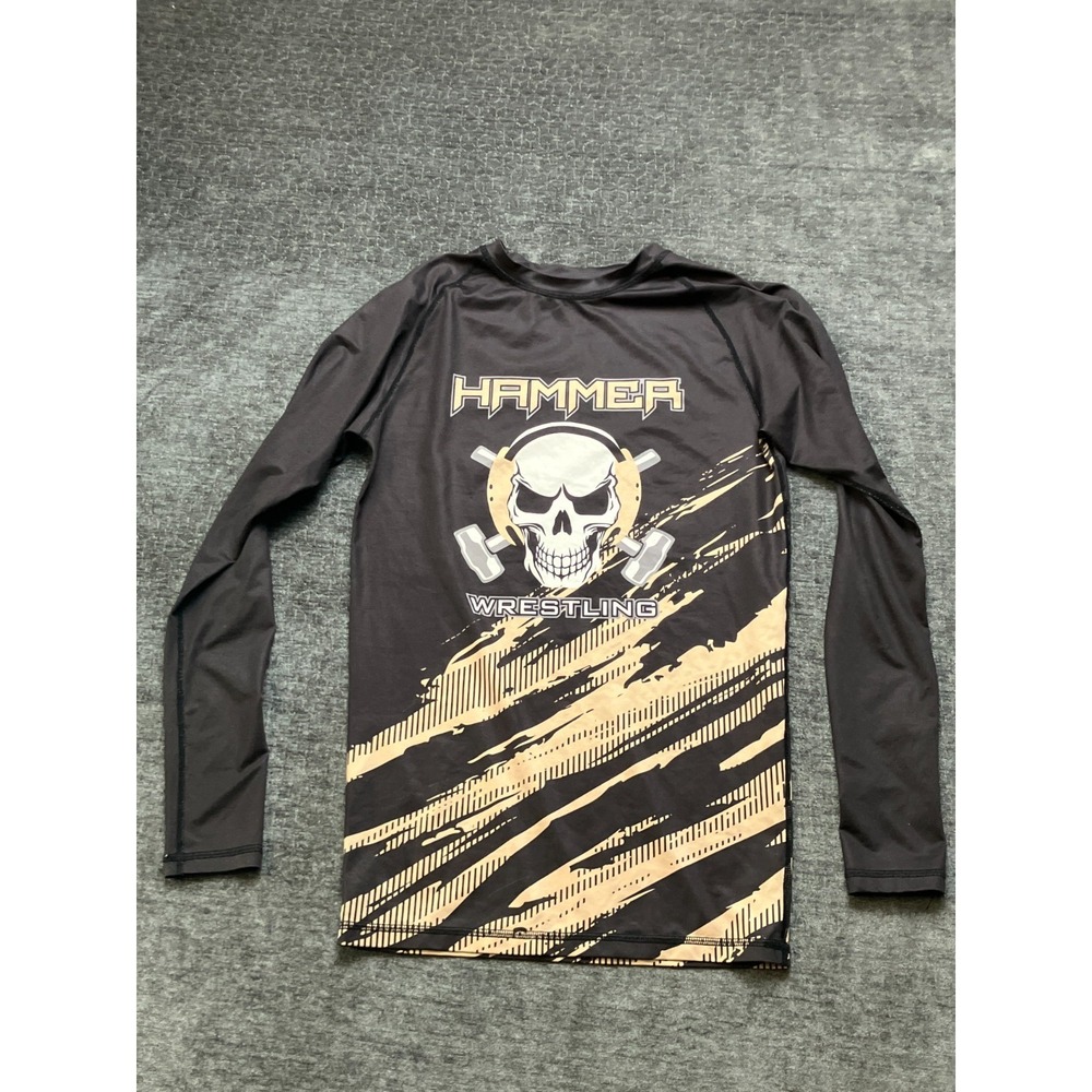 Sleefs Rash Guard Shirt Mens Small Black Gold Hammer Wrestling Graphic Stretch